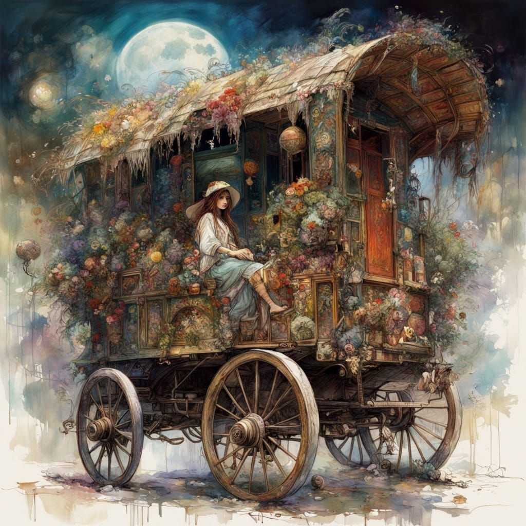 Gypsy Wagon in Whimsical Illustration Style