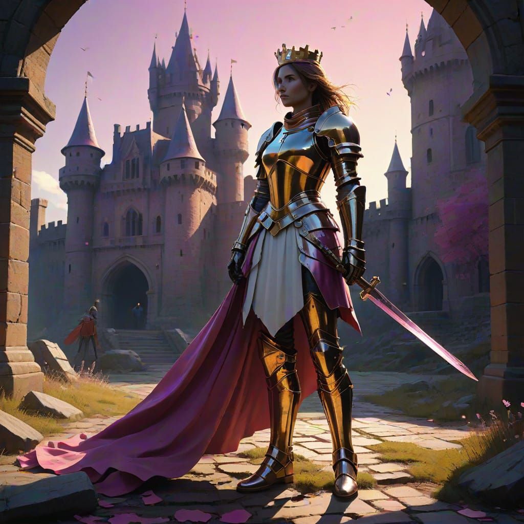 Ethereal Female Knight in Dark Fantasy Castle Scene