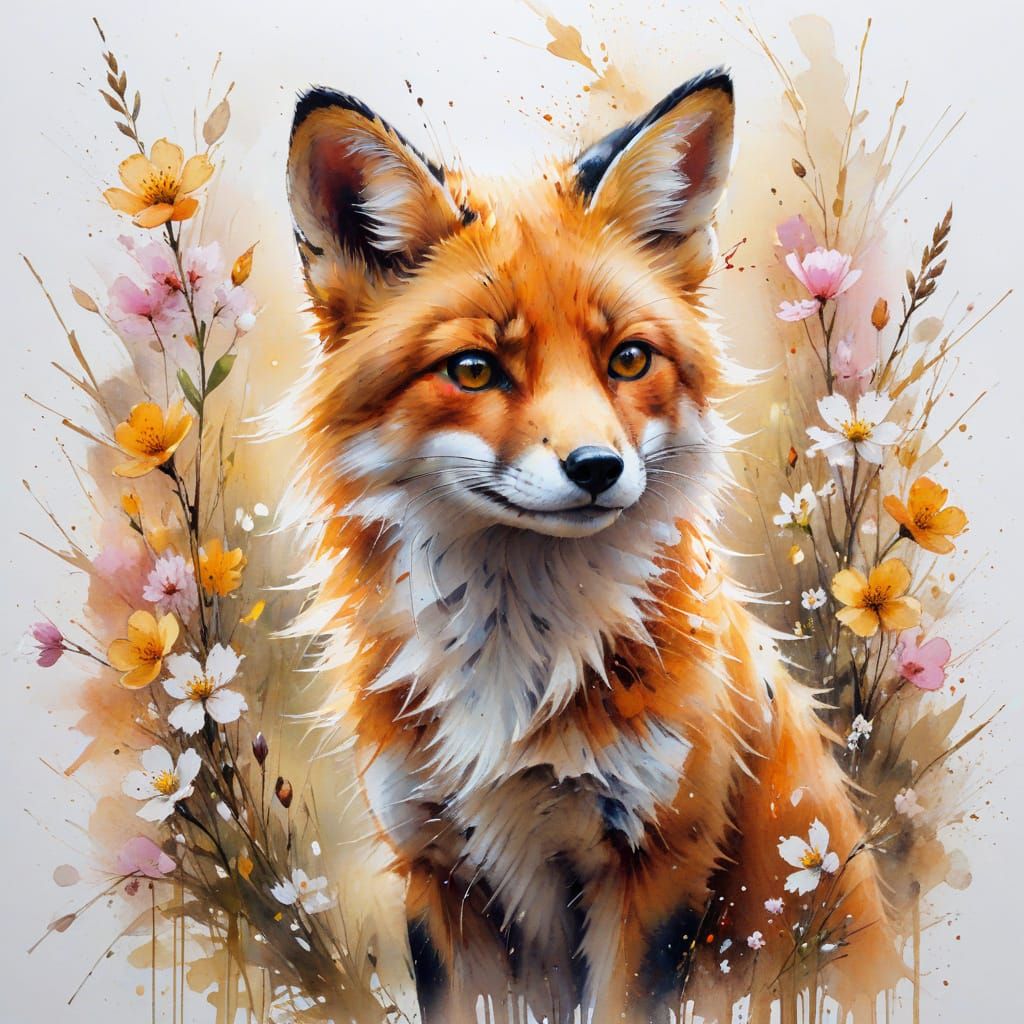 Fox Frolicking in Spring Blossoms, Watercolour Style