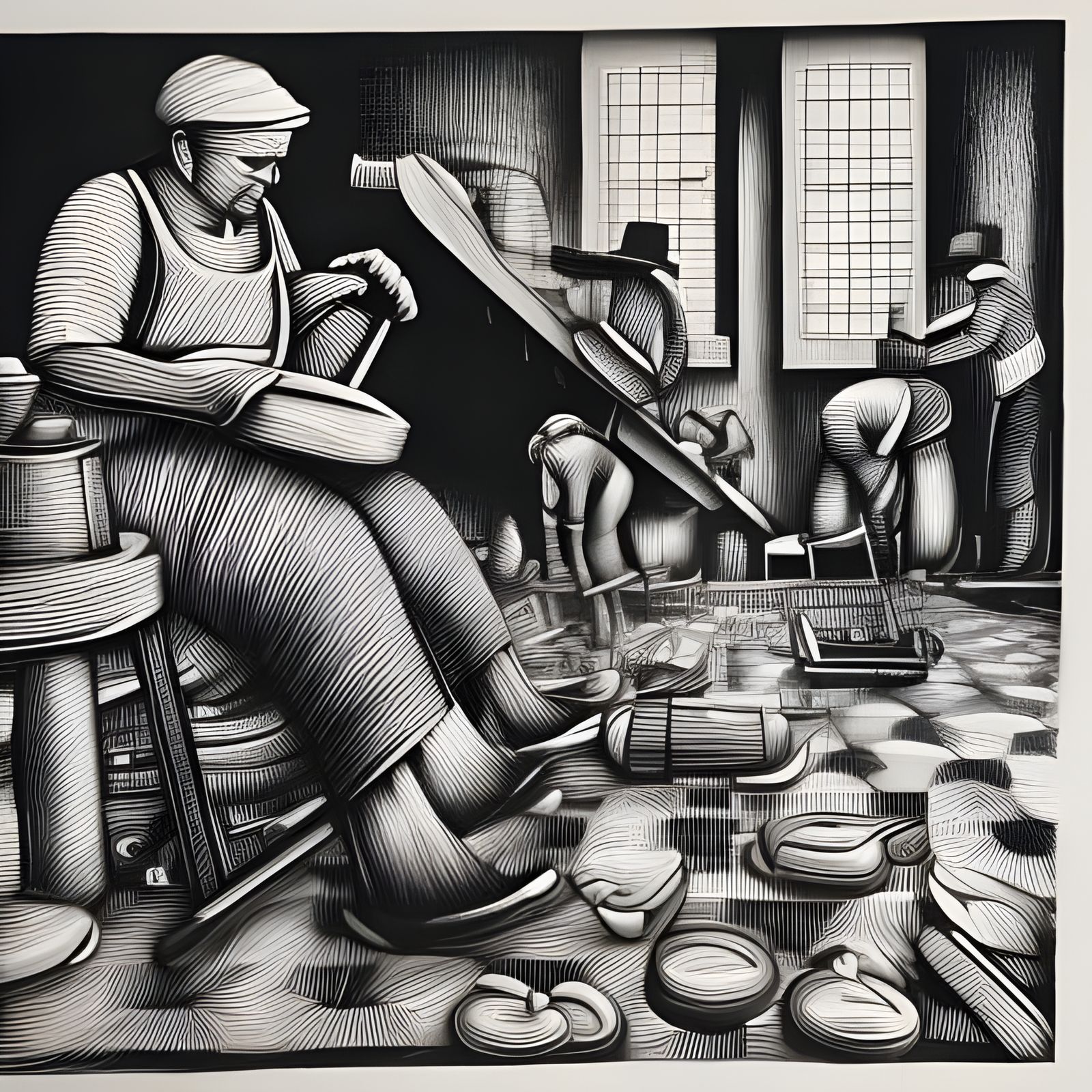 Checkered Workers Forging Tools: Linocut Style