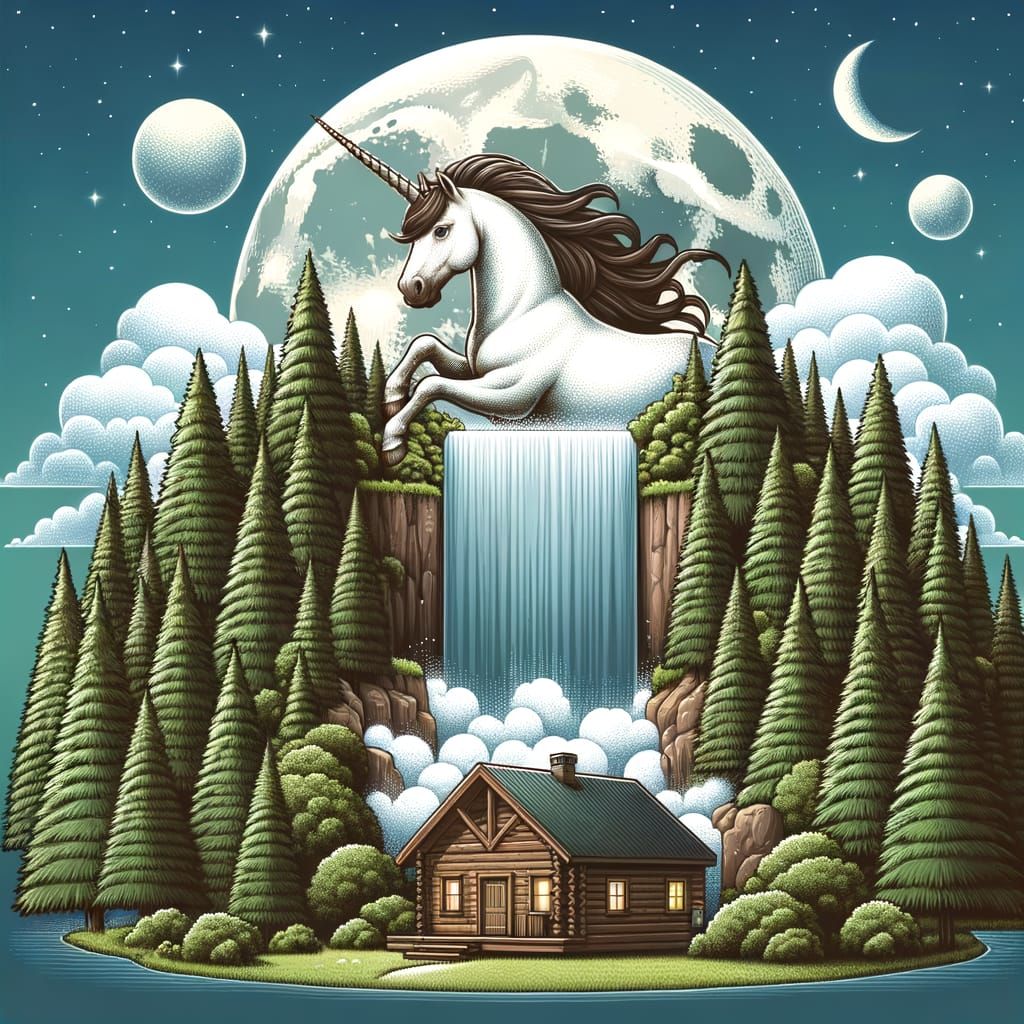 Majestic Unicorn on Waterfall Beside Cabin and Full Moon