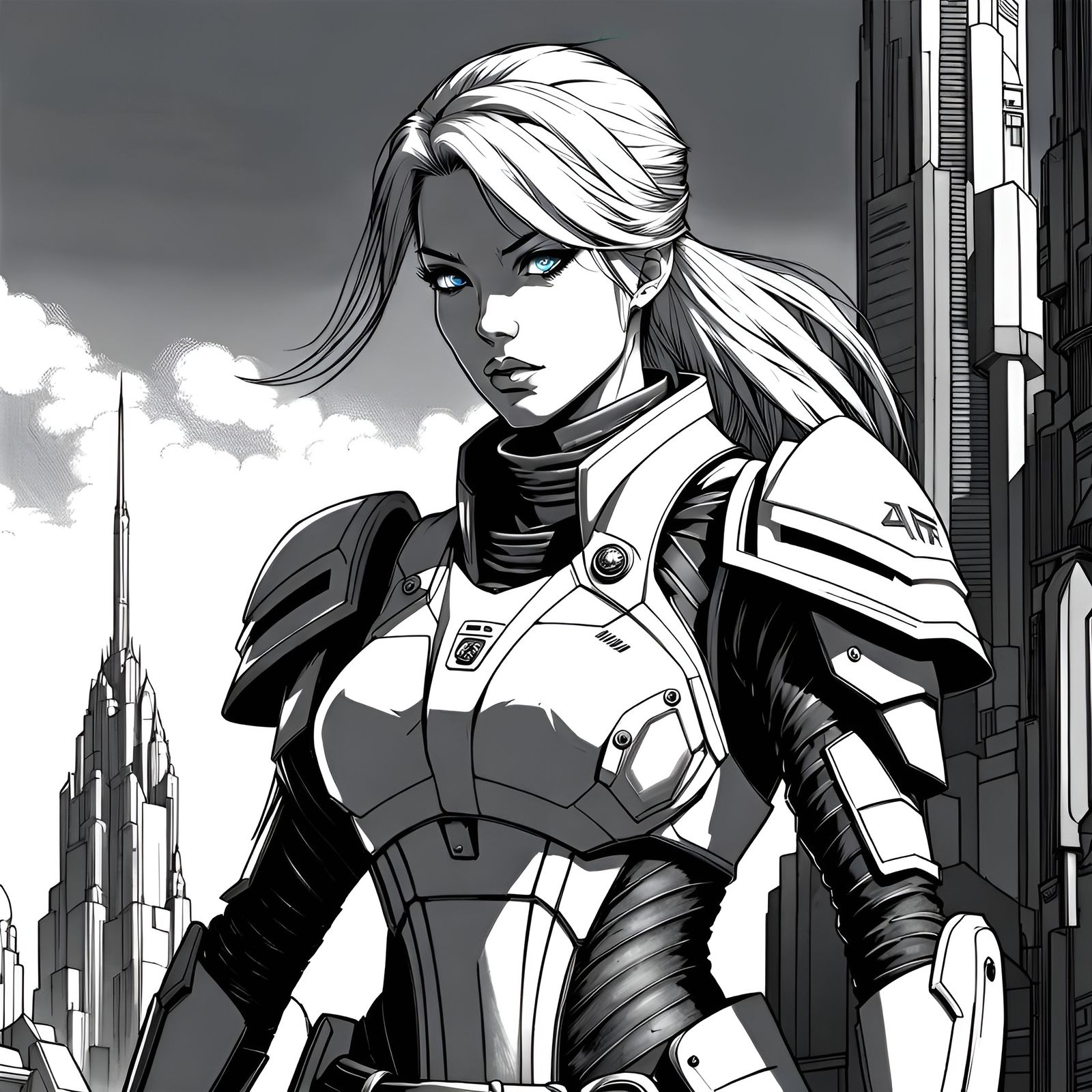 Sci-Fi Female Warlord in Power Armor, Black and White