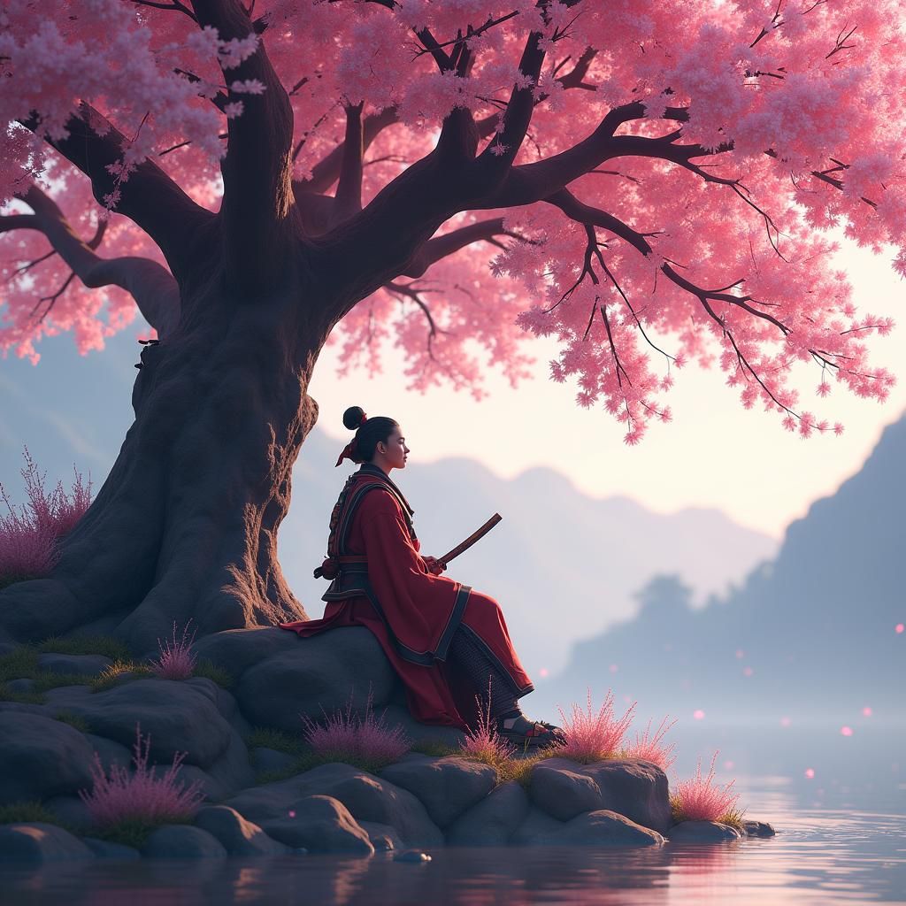 Samurai Contemplation Under Cherry Blossom Tree