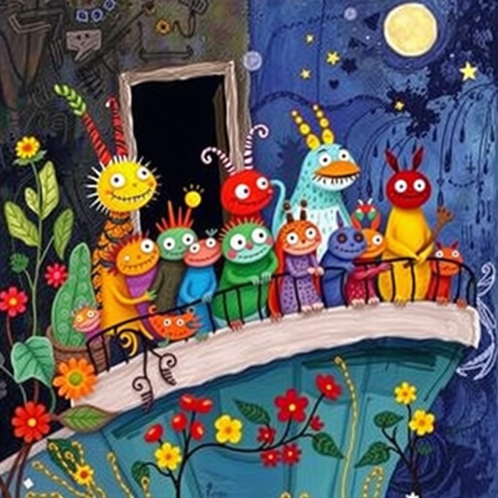 Whimsical Creatures Gather on Balcony in Naive Abstract Art