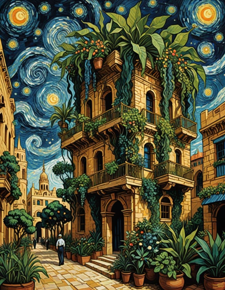 Vibrant Babylonian Oasis in Post-Impressionist Splendor