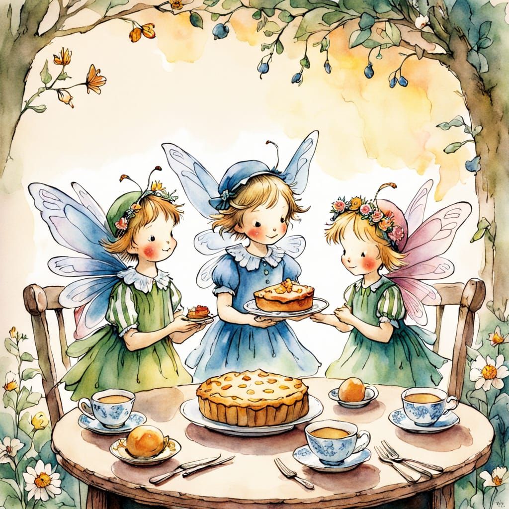 Toy Chicken in Cozy Tea Time Scene, Whimsical Watercolor Ill...