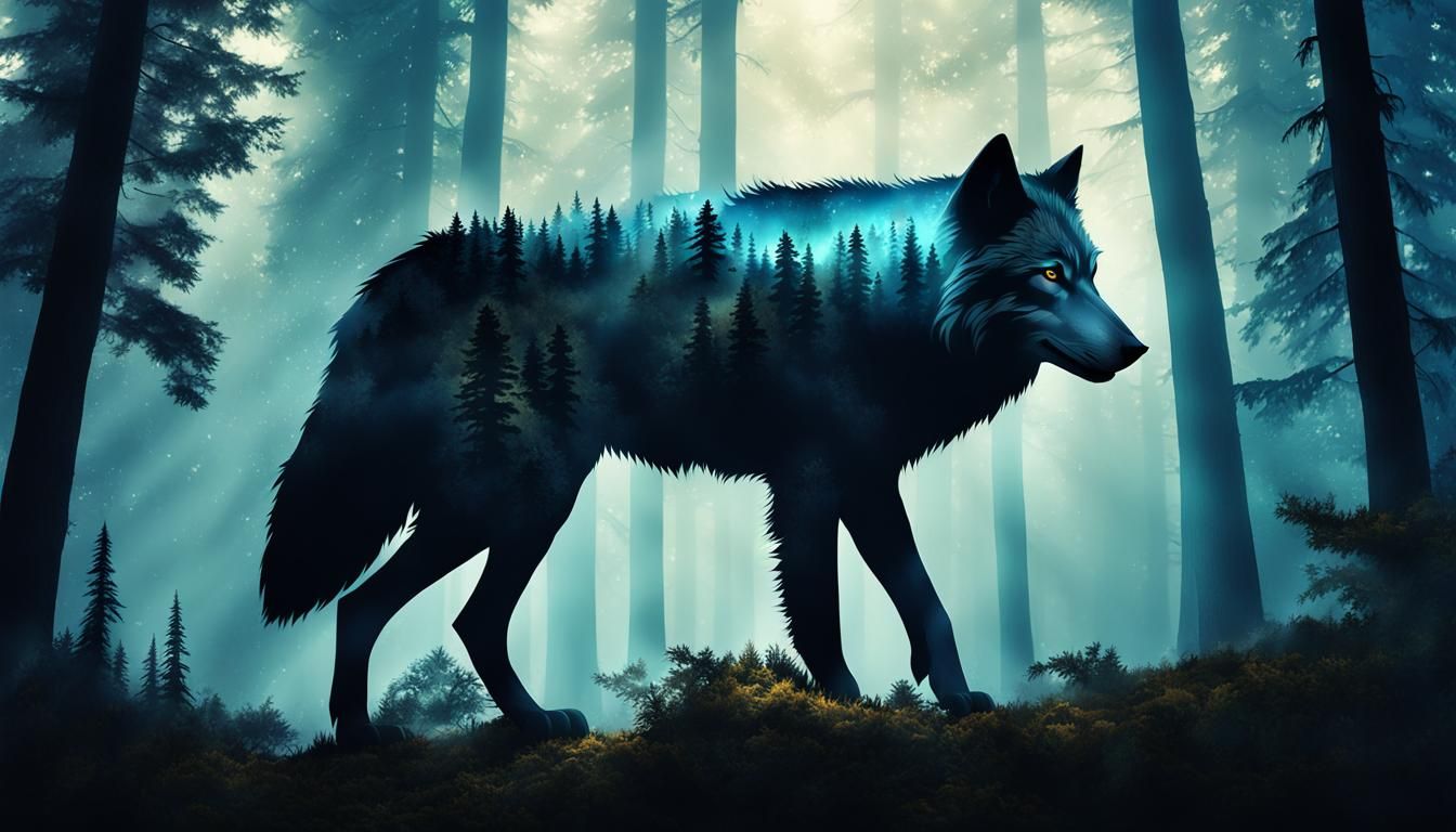 A majestic double exposure of a wolf's silhouette filled with a dense, misty forest.