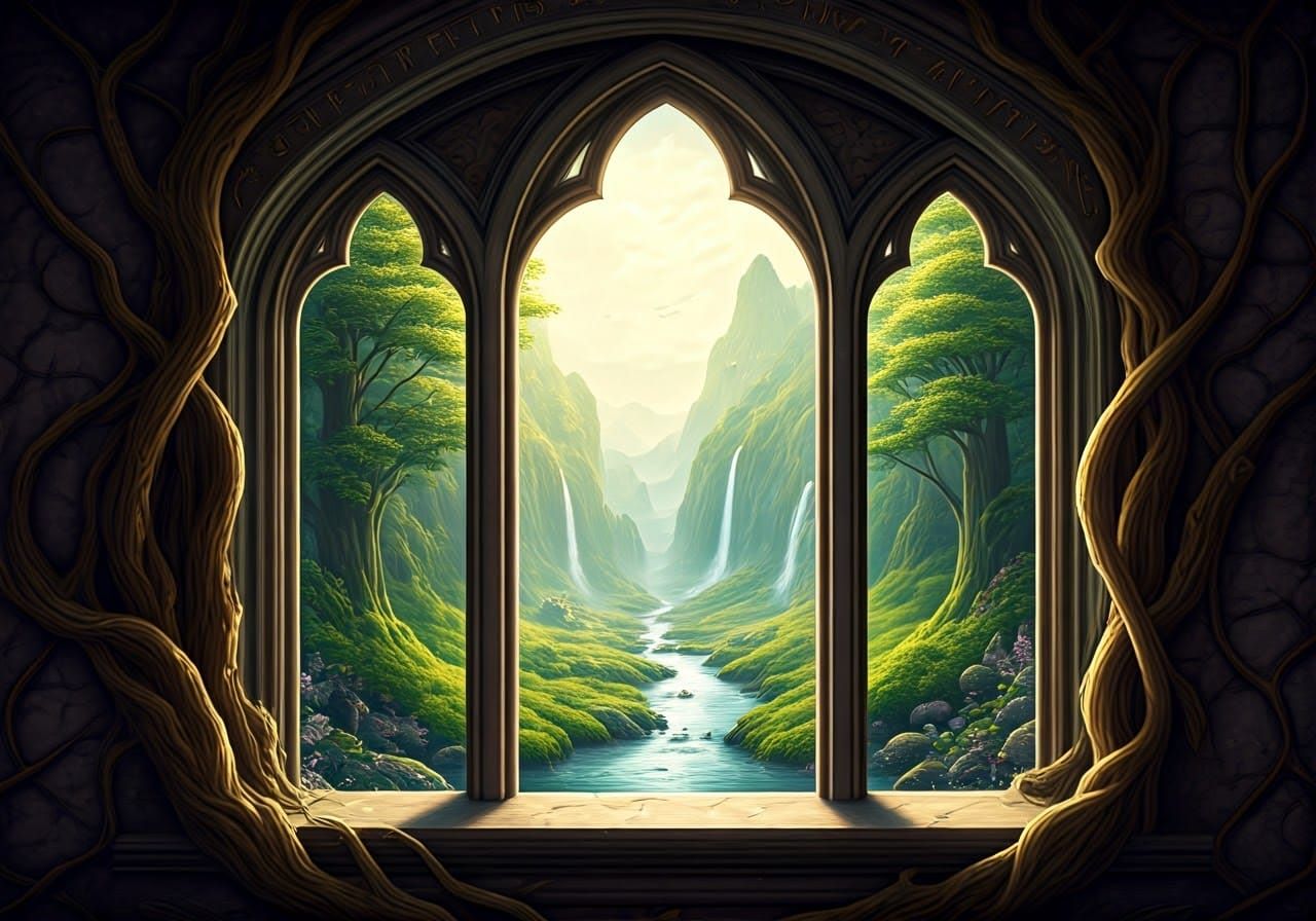 Ancient Stone Window Frames Whimsical Fairy Tale Landscape