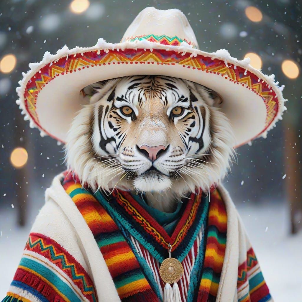 Albino Tiger in Mexican Attire Portrait