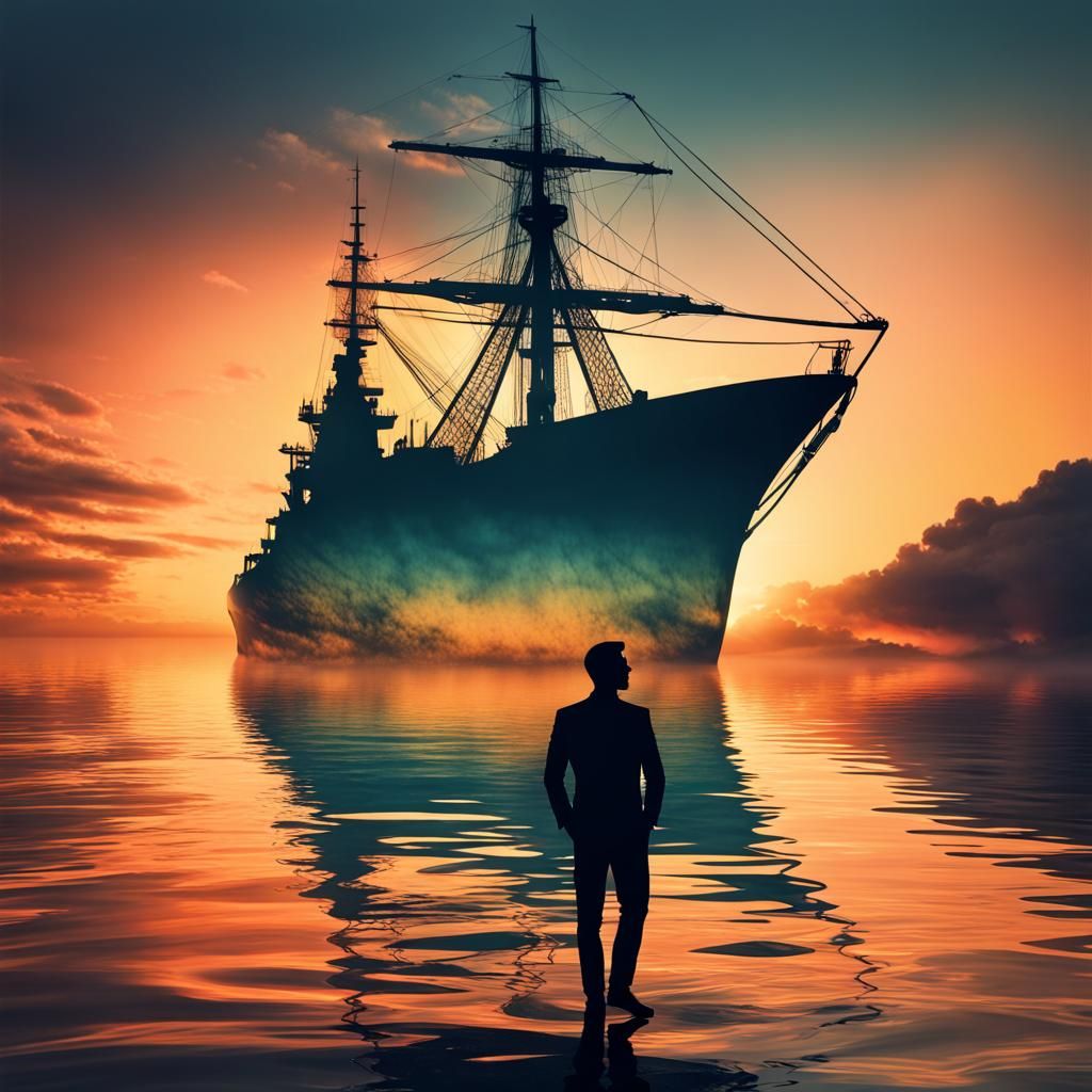 Double Exposure Sunset Silhouette Ship Art