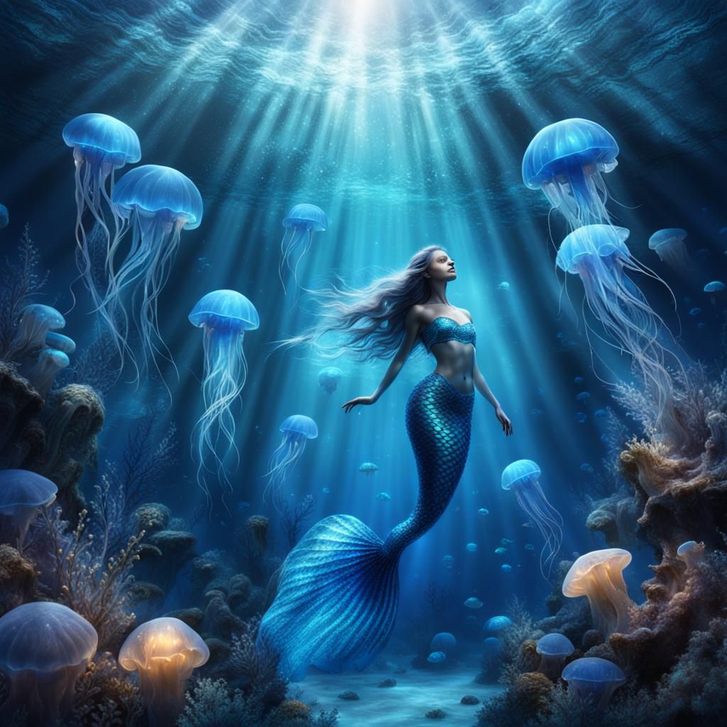 Silver Mermaid Surrounded by Bioluminescent Jellyfish