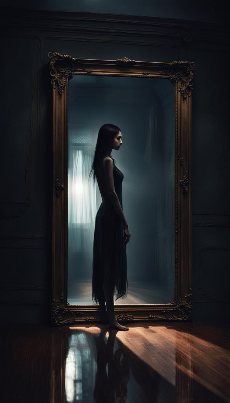 Dark Fantasy Demon Woman in Mirror Reflection