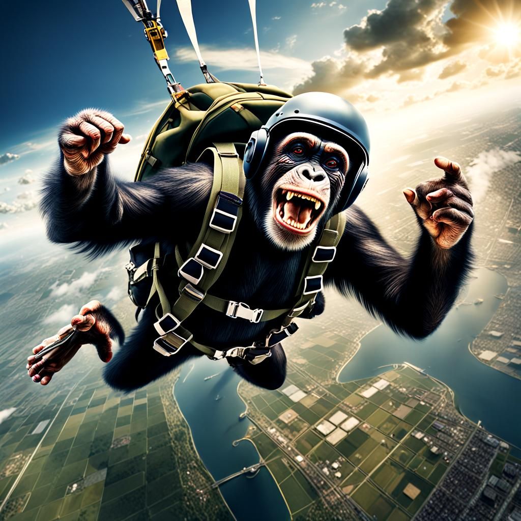 Laughing Chimpanzee Skydiving in Matte Painting Style