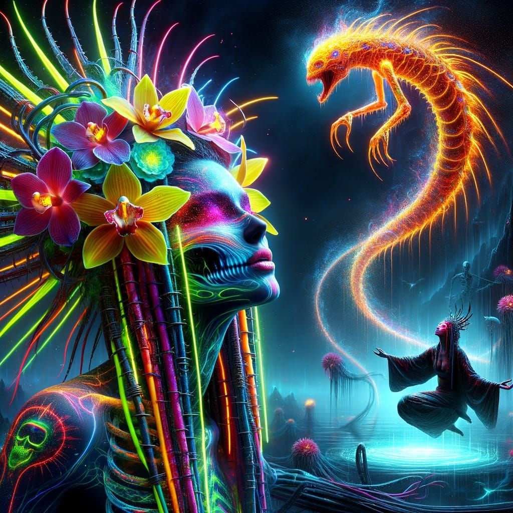 Futuristic Sci-Fi Scene with Neon Figure and Mermaid