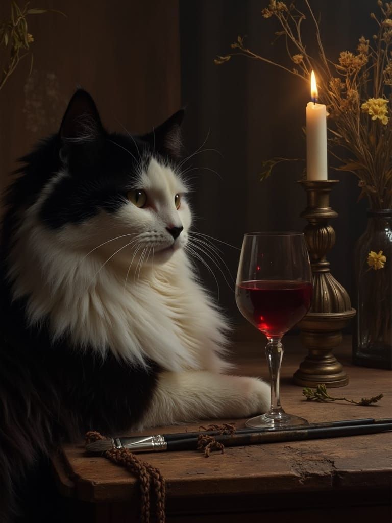 Baroque Gothic Portrait of a Black and White Cat