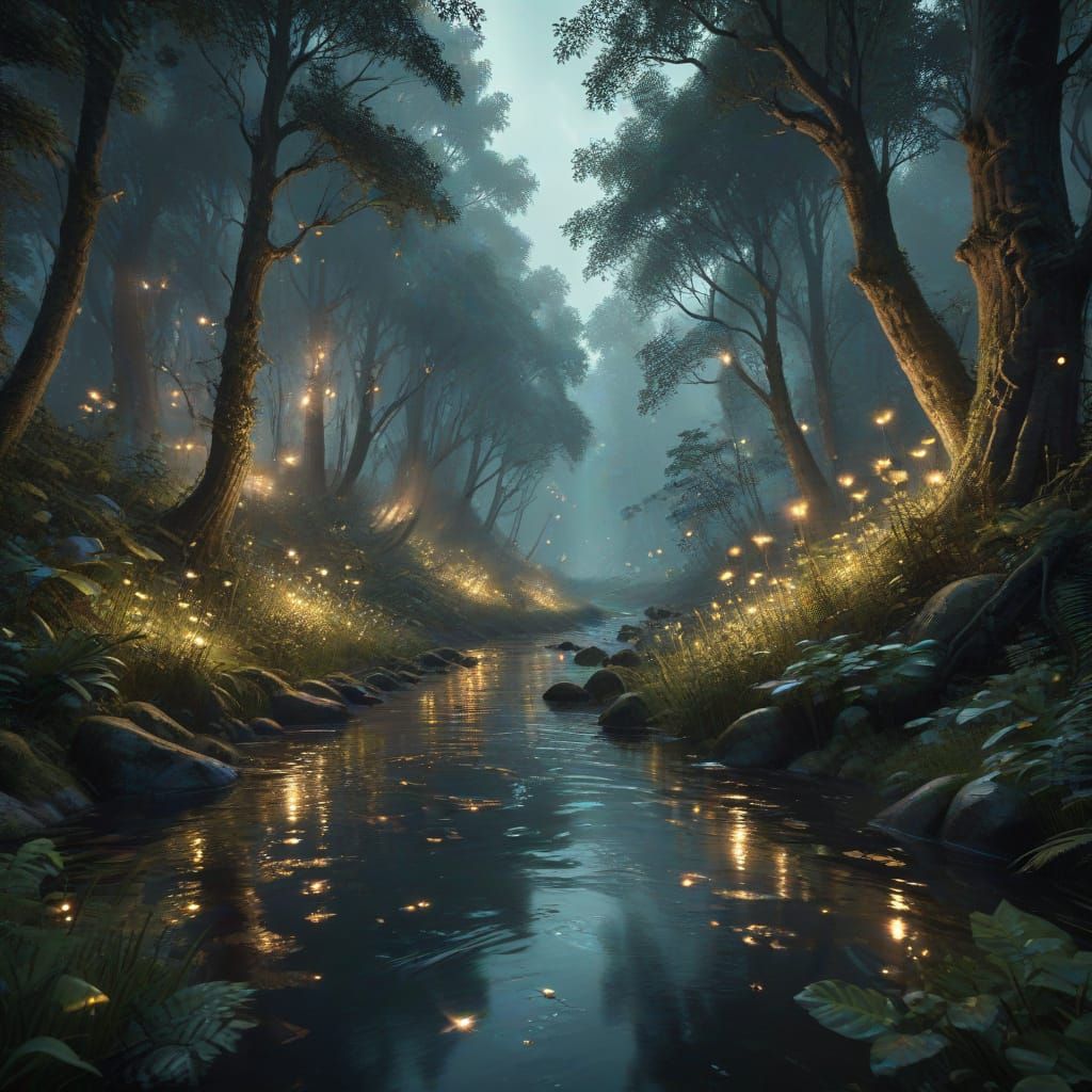 Mystical Forest River in Ethereal Light