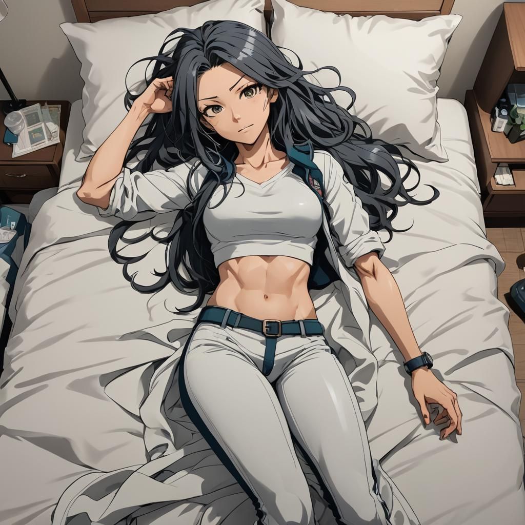 Anime Illustration: Fit Woman Relaxing on Bed