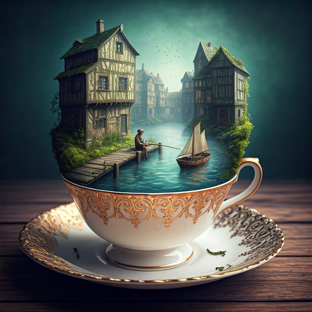 Miniature Port City Inside Porcelain Teacup
