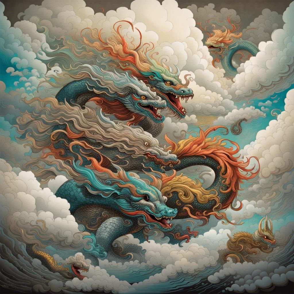 Cloud Dragons Racing: Surreal Chinese Japanese Art