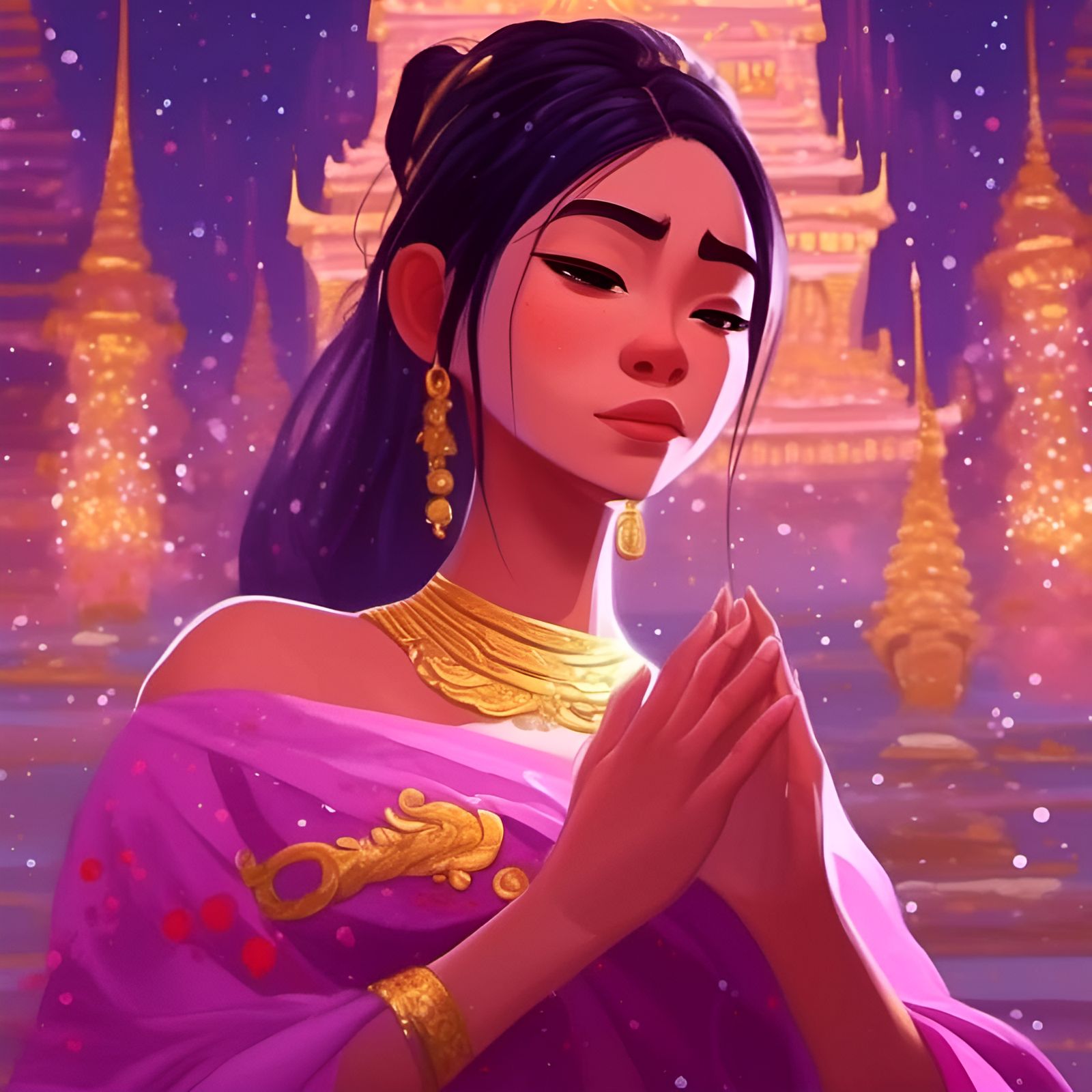 Elegant Thai Woman Praying in Anime Style