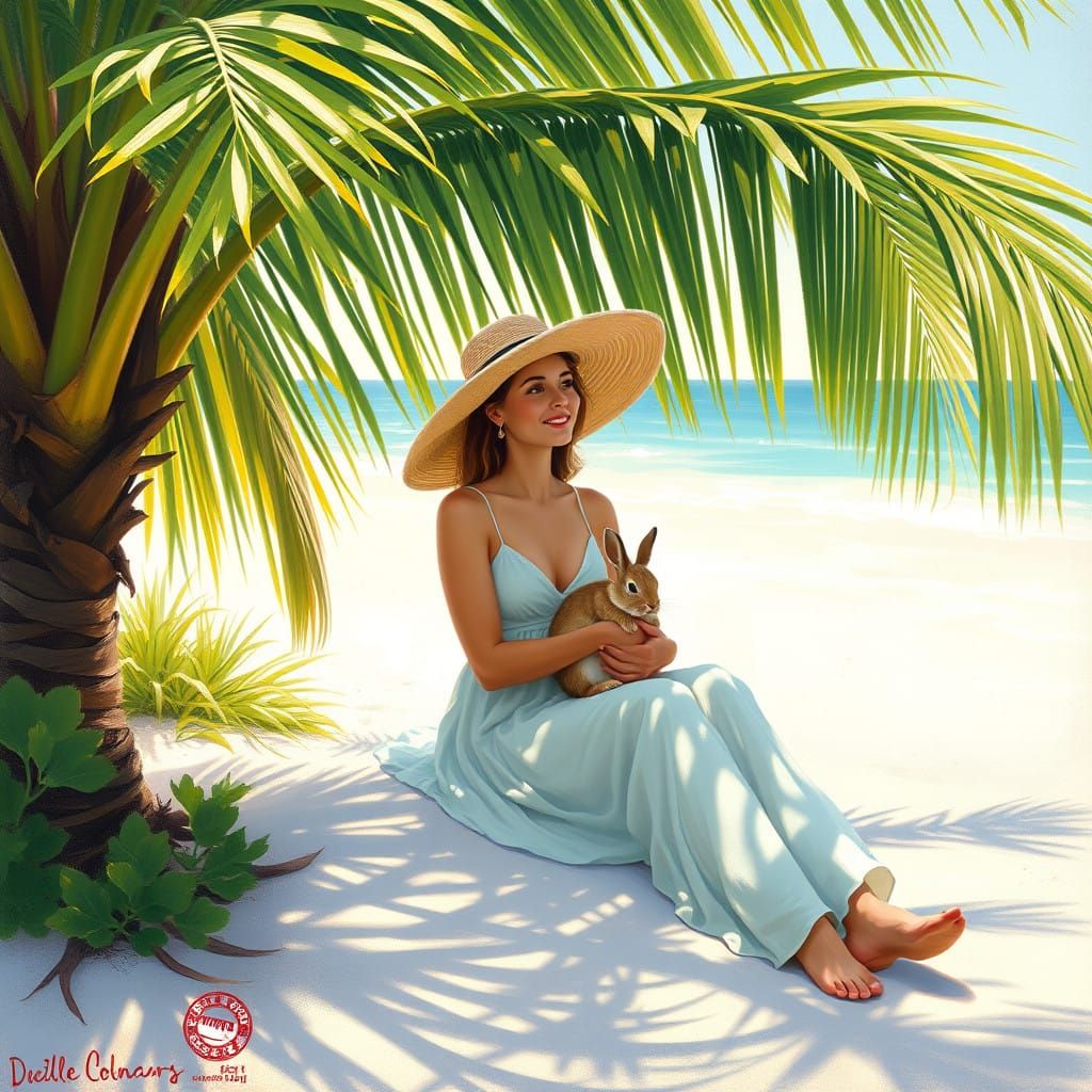 Serenely Seated Mom Under Palm Tree with Gentle Rabbit Compa...