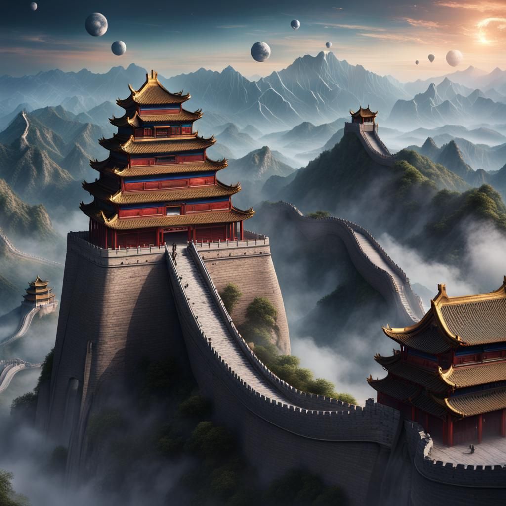 Interstellar Spaceship Flies Above Great Wall: Matte Paintin...
