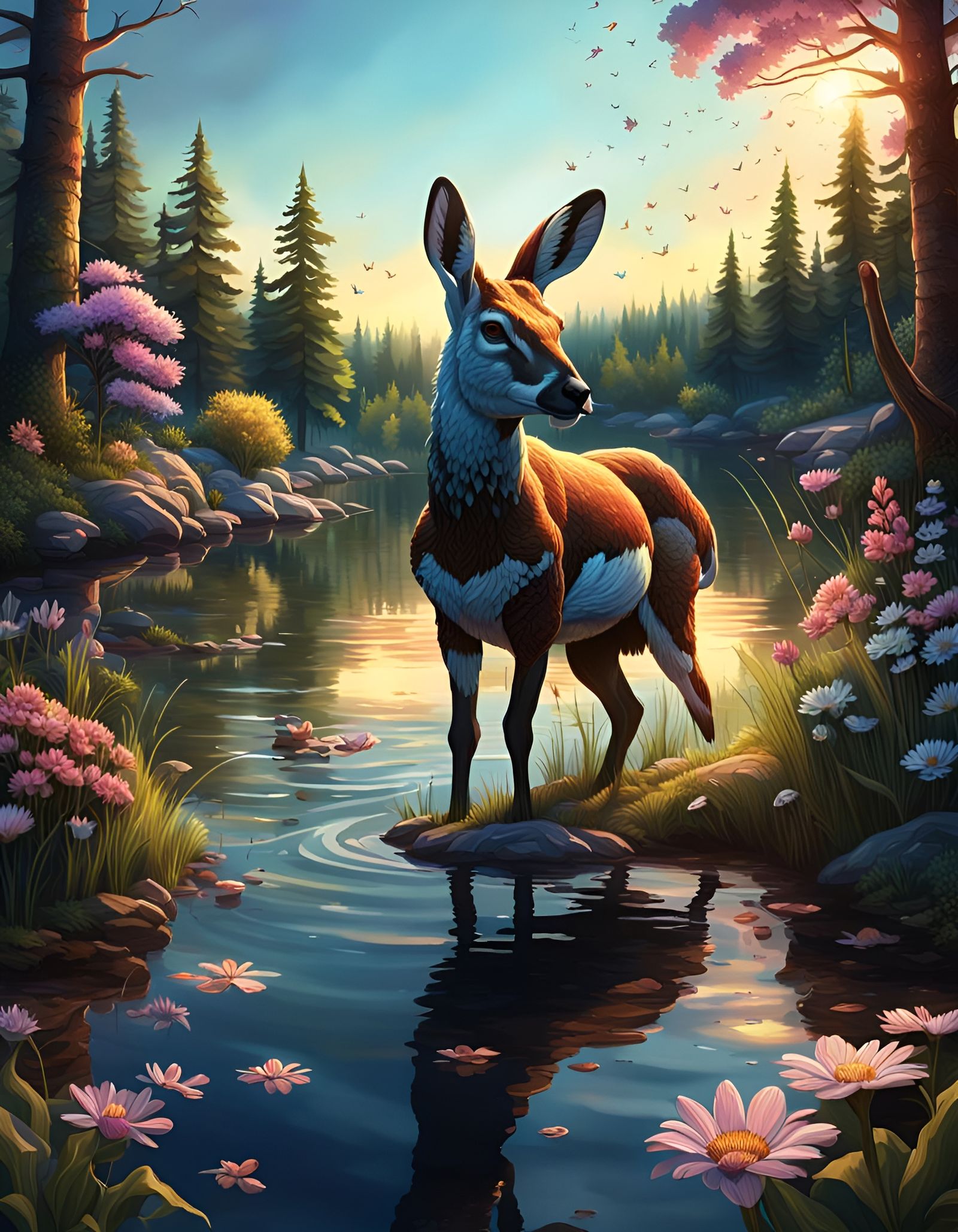 Hyperrealistic Spring Landscape with Lake and Animals