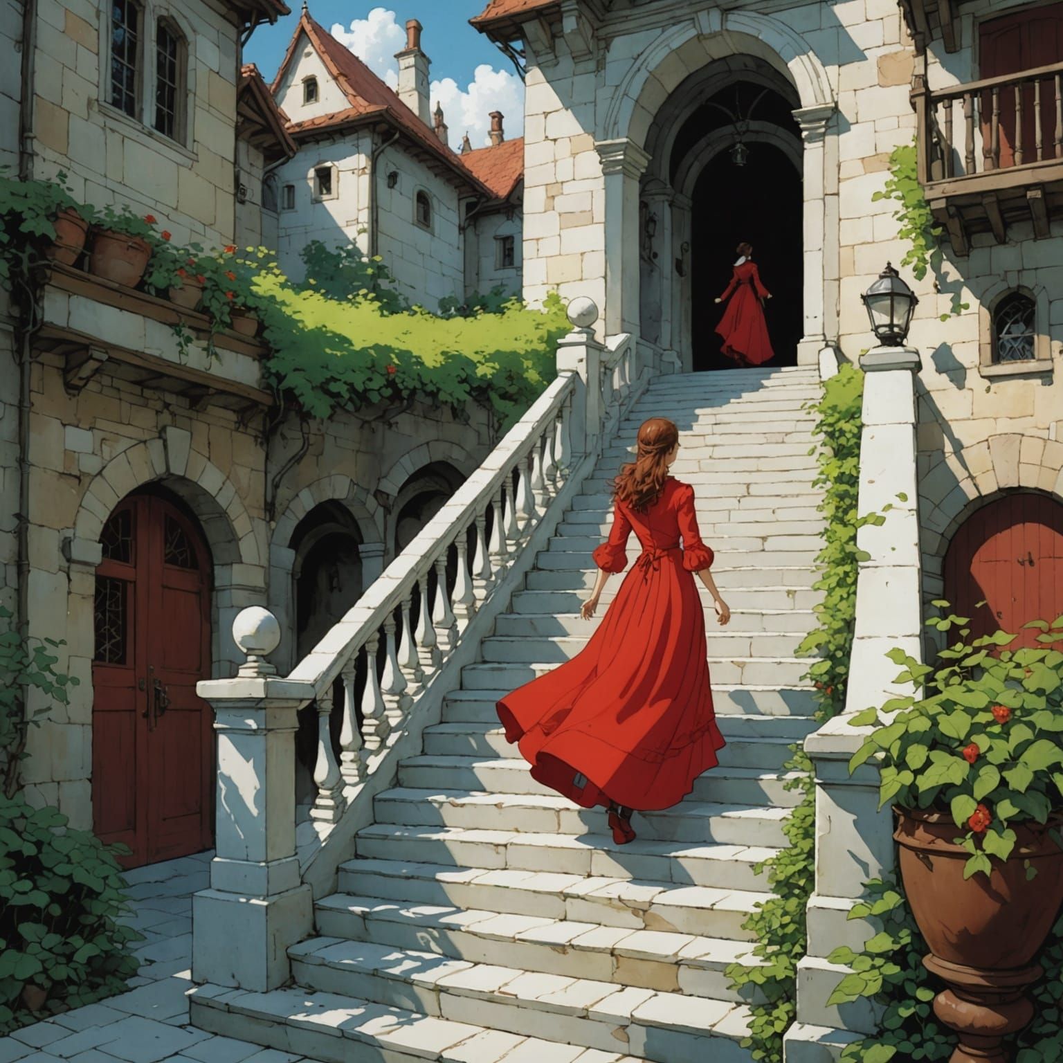 Woman in Red Gown Descending Stairs