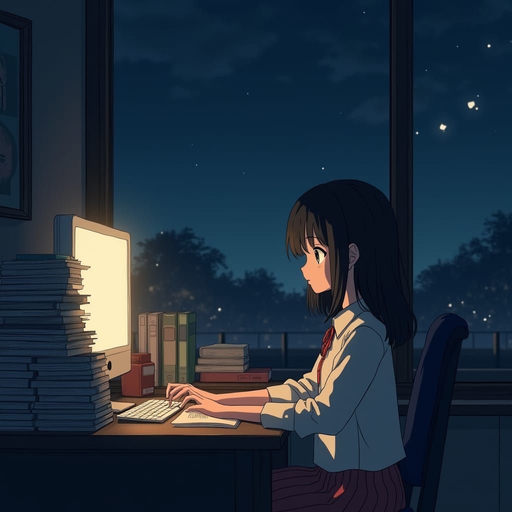 Anime-Style Girl Studies at Desk Under Moonlit Night