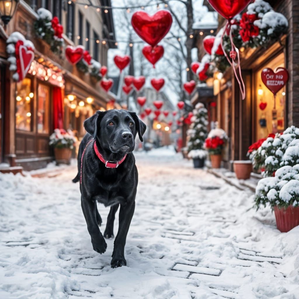 Cute Labrador Retriever Walks in Winter Village on Valentine...