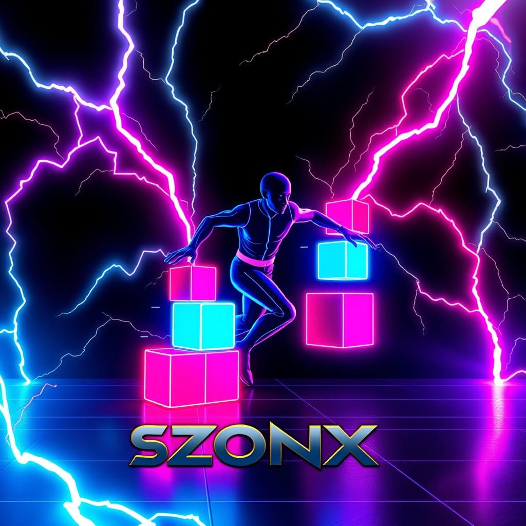 Cyberpunk Hero Stacks Neon Boxes Against Swirling Lightning ...