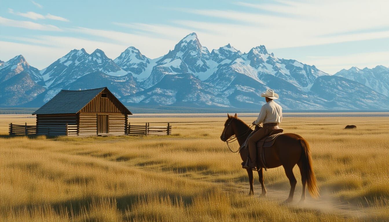 Wyoming Cowboy Rides Toward the Tetons