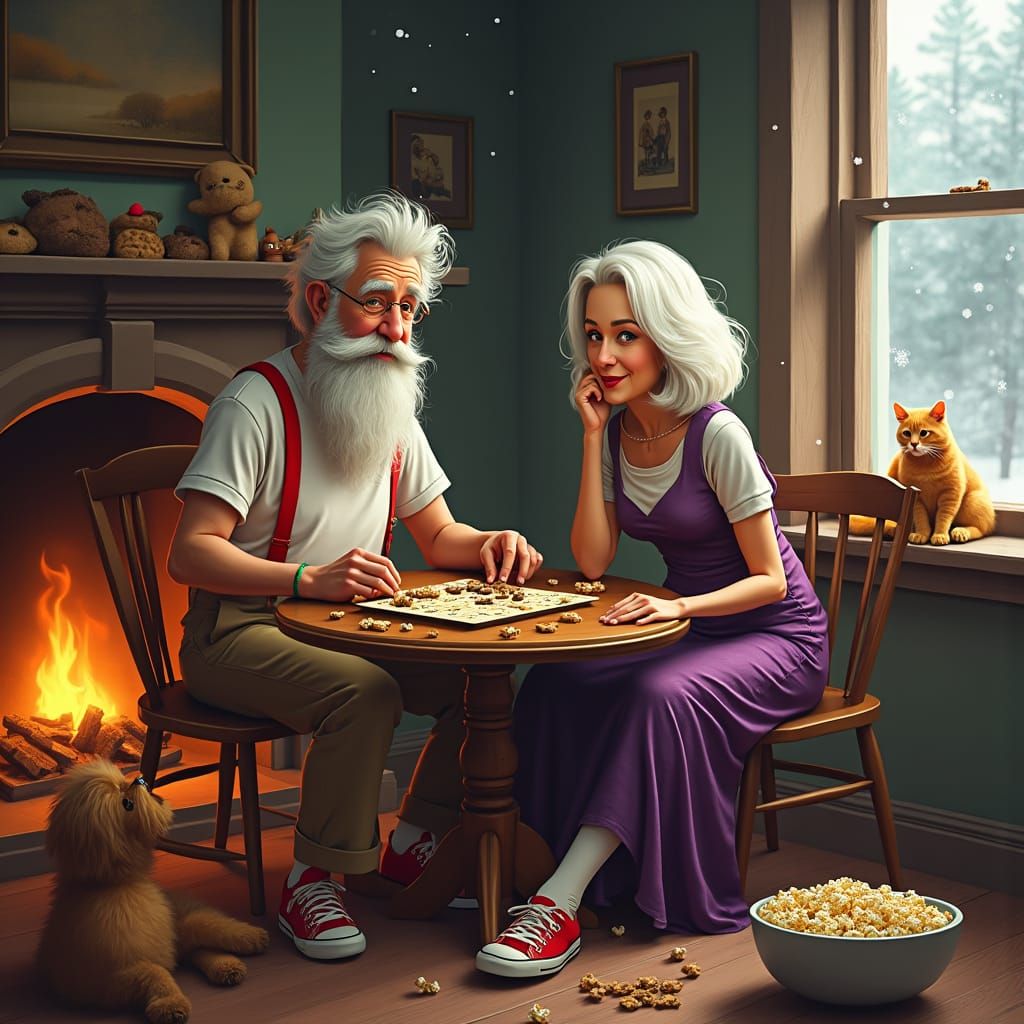 Cozy Night: Senior Couple's Whimsical Scrabble Game