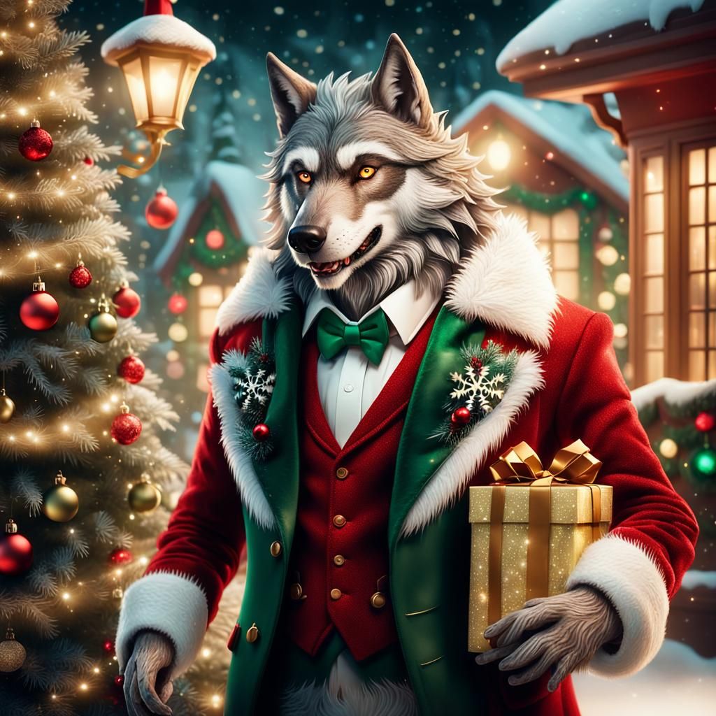 An Elegant Werewolf In Christmas Suit