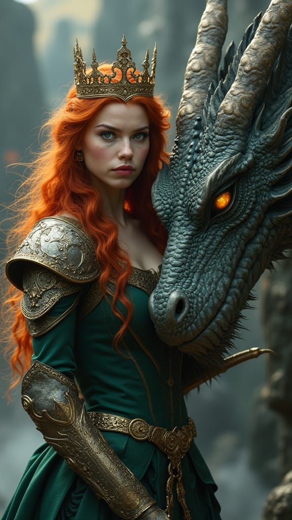 Red-Haired Queen with Dragon in High-Fantasy Oil Portrait