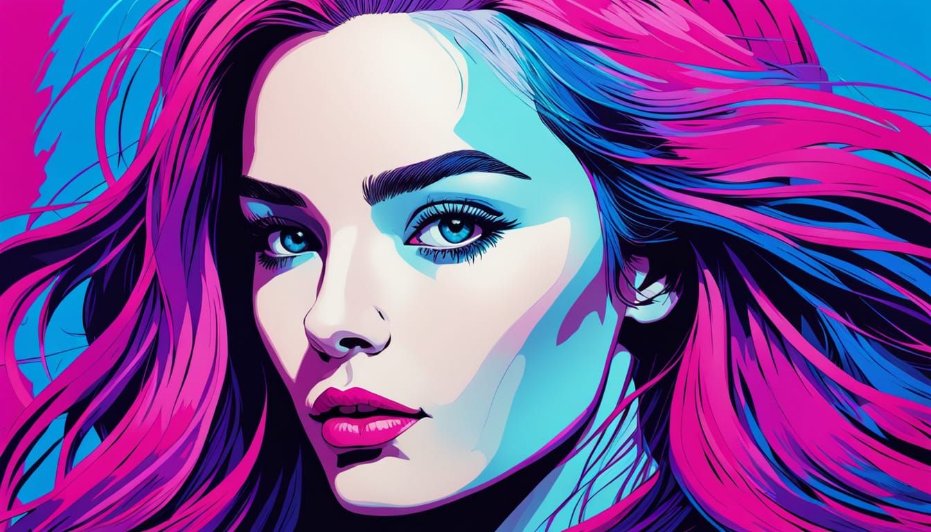 Vibrant Pop Art Portrait of Woman with Long Hair