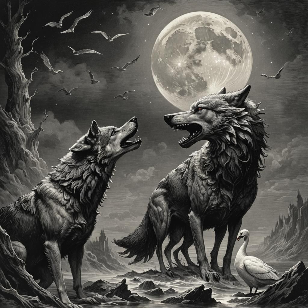 Wolf Swan Hybrid Howling: Dark Fantasy Illustration