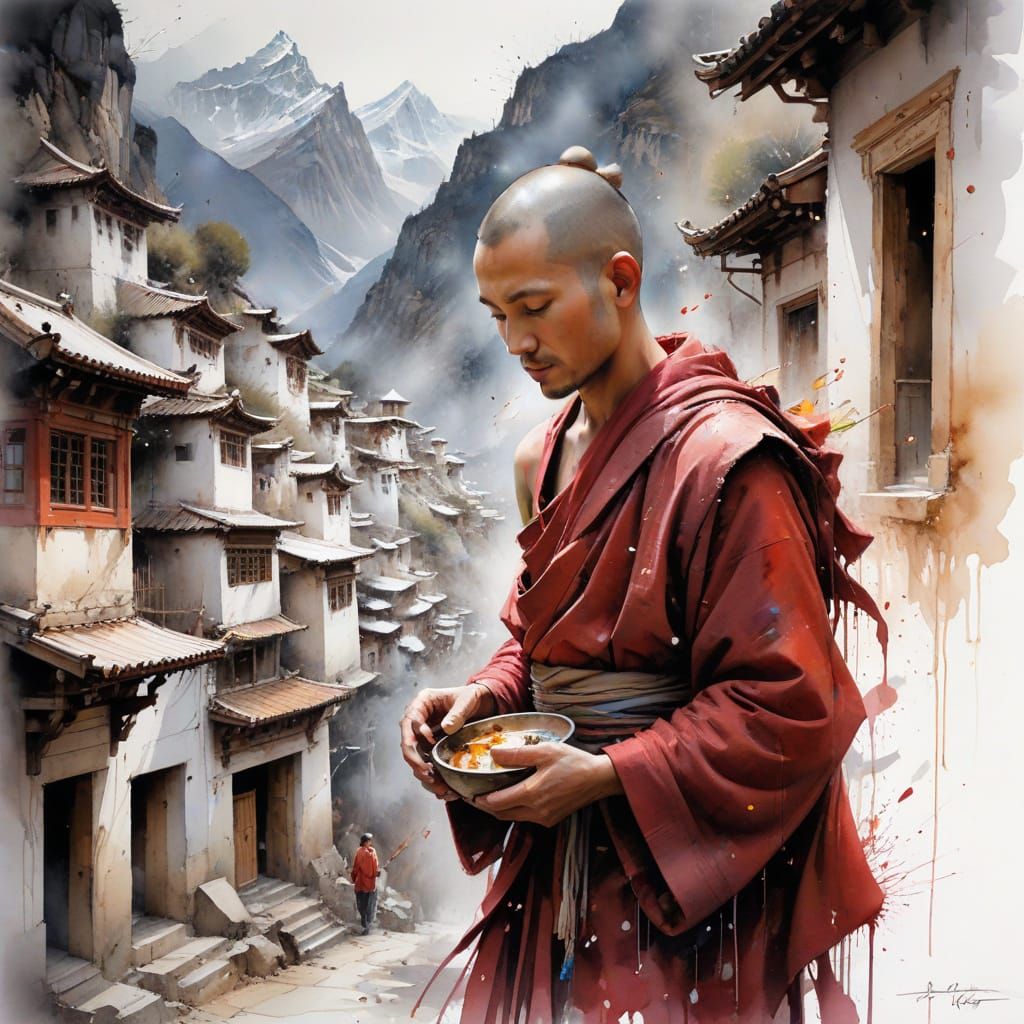 Surreal Himalayan Monastery Scene in Ethereal Watercolour St...