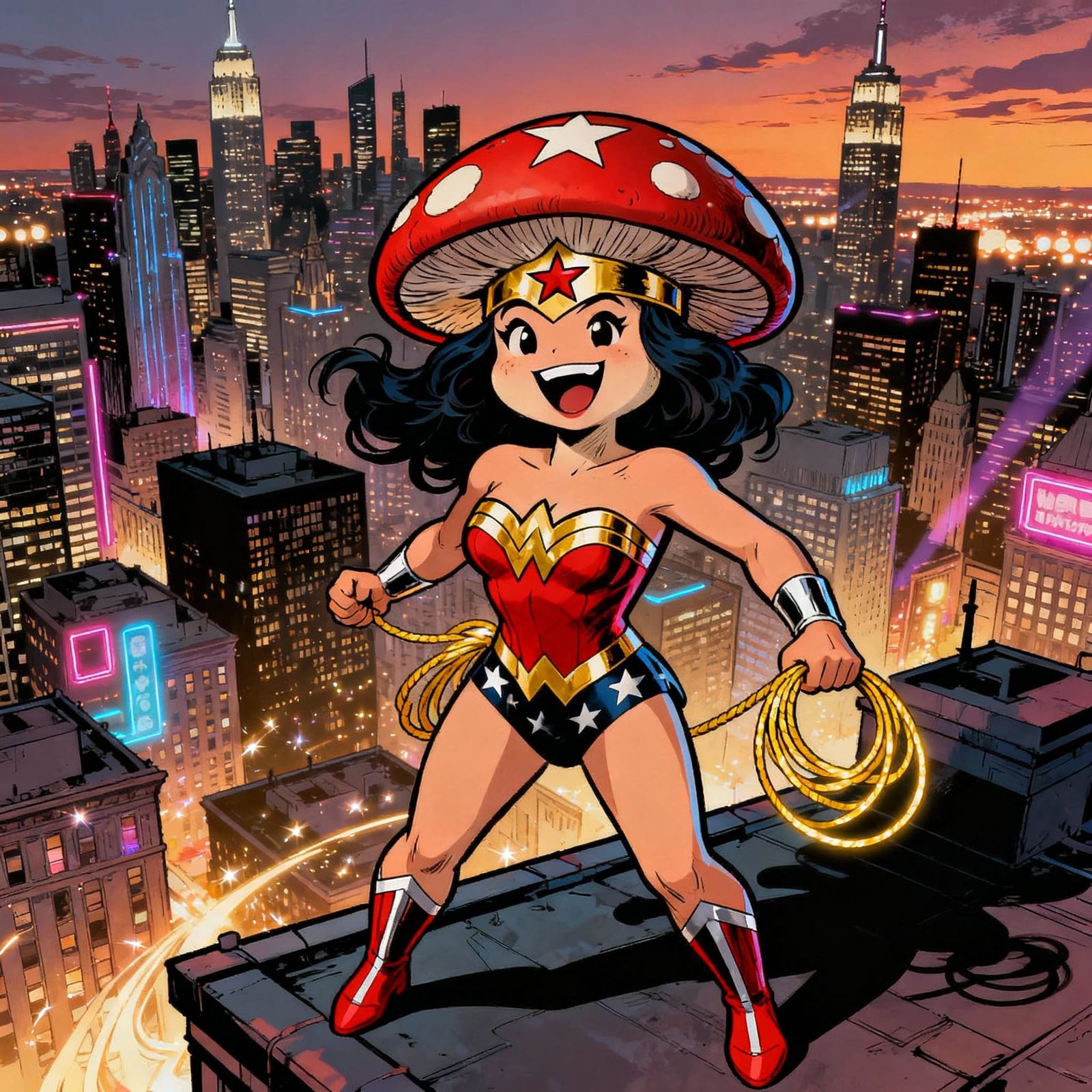 Wonder Woman Mushroom Character on City Rooftop