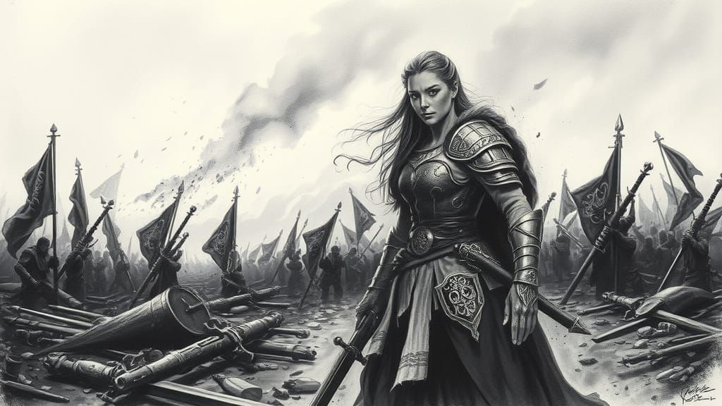 Fierce Warrior Goddess in Charcoal Drawing Style