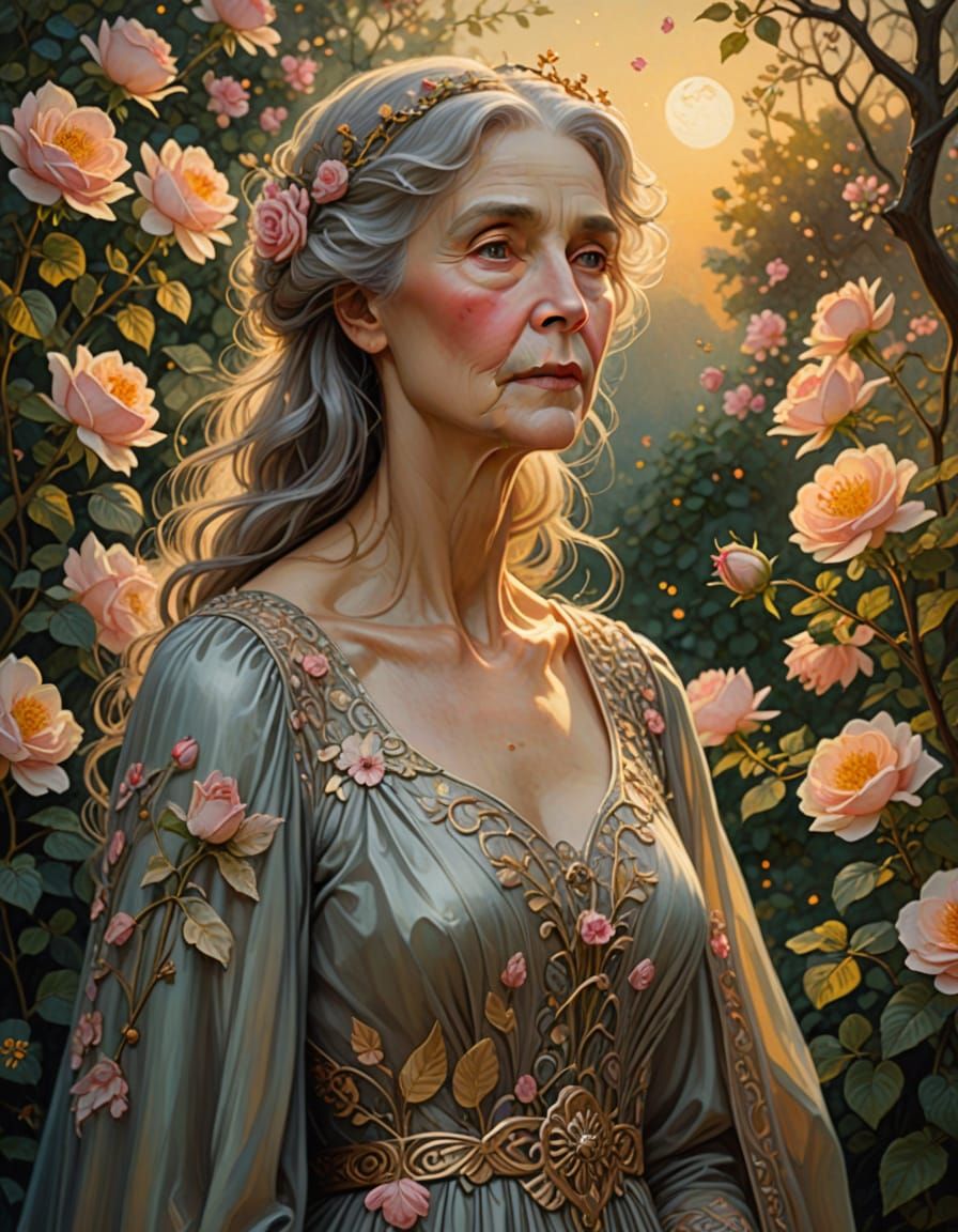 Ethereal Woman in Rose Garden: Art Nouveau Portrait