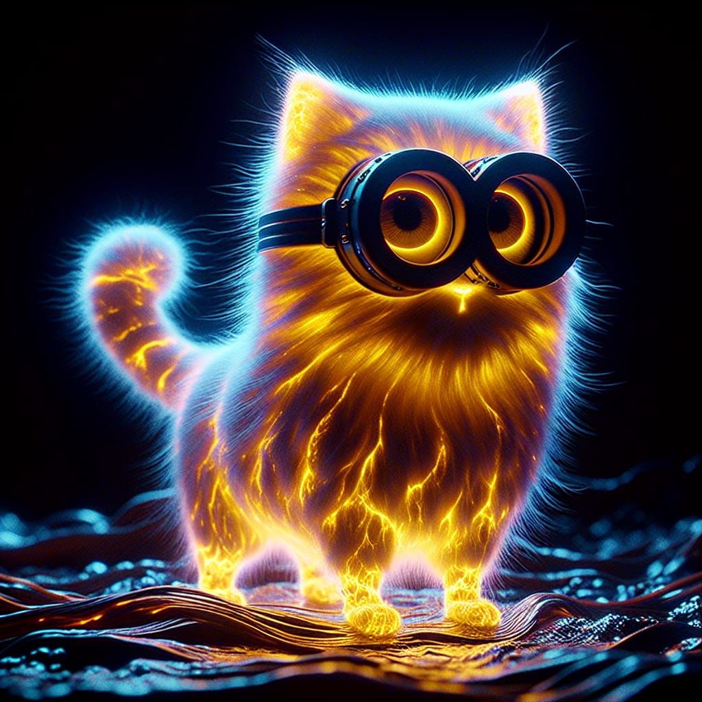 Glowing Cat-Minion Hybrid in Cinematic CGI Style