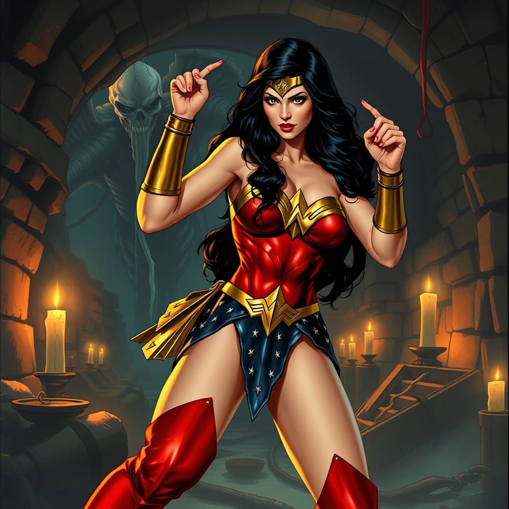 Dark Fantasy Wonder Woman Battles Cthulhu in 1920s French Co...