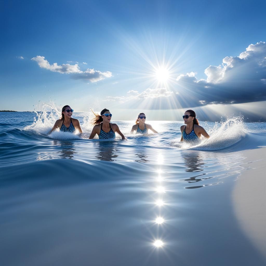 Girls Swimming in the Sea on a Sunny Day