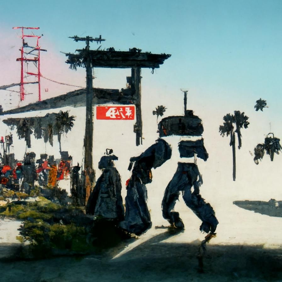 Robots Stroll Through Compton in Ukiyo-e Style