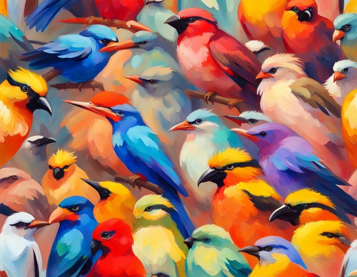 Birds in Gouache Style Impressionist Painting
