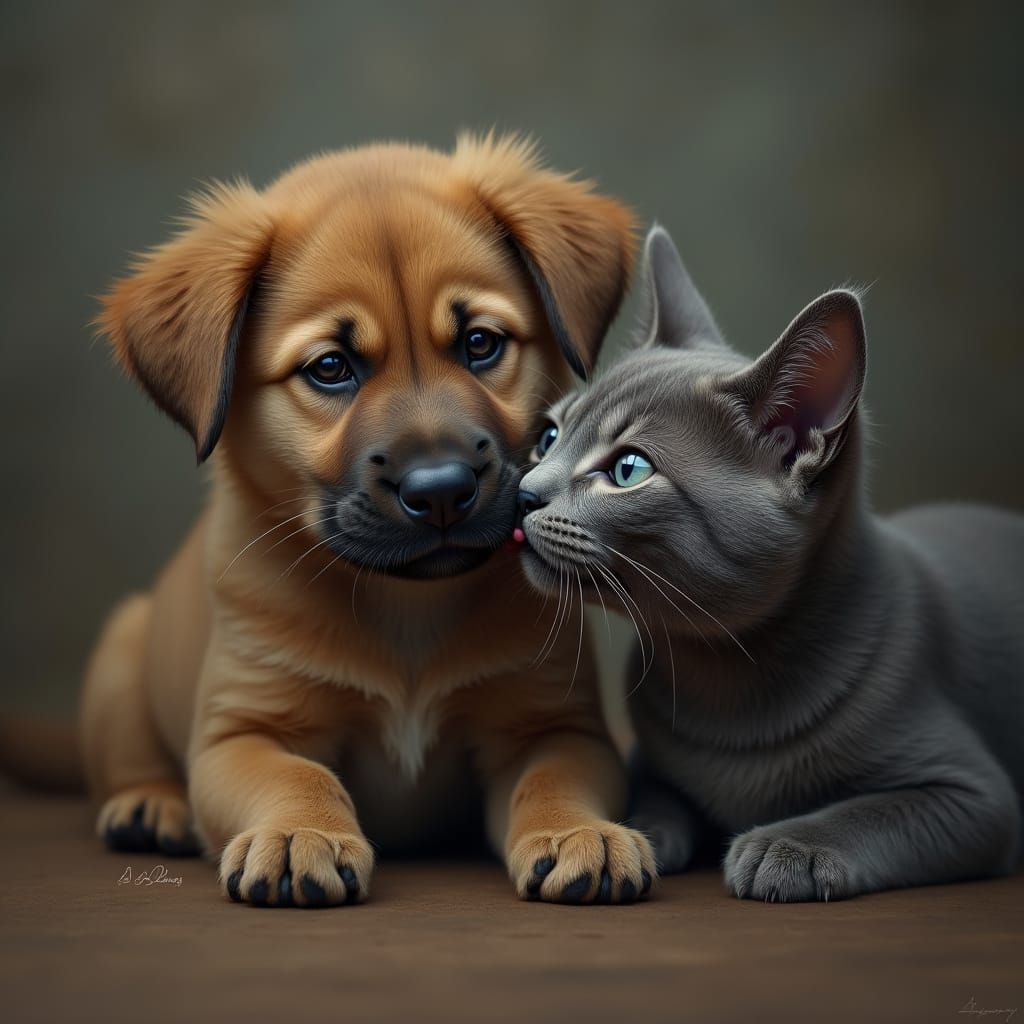 Sorrowful Puppy Comforted by Gentle Feline Friend in Hyper-R...