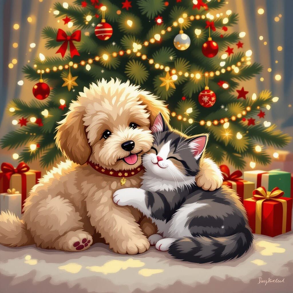 Fluffy Dog and Cat Cuddle Under Christmas Tree