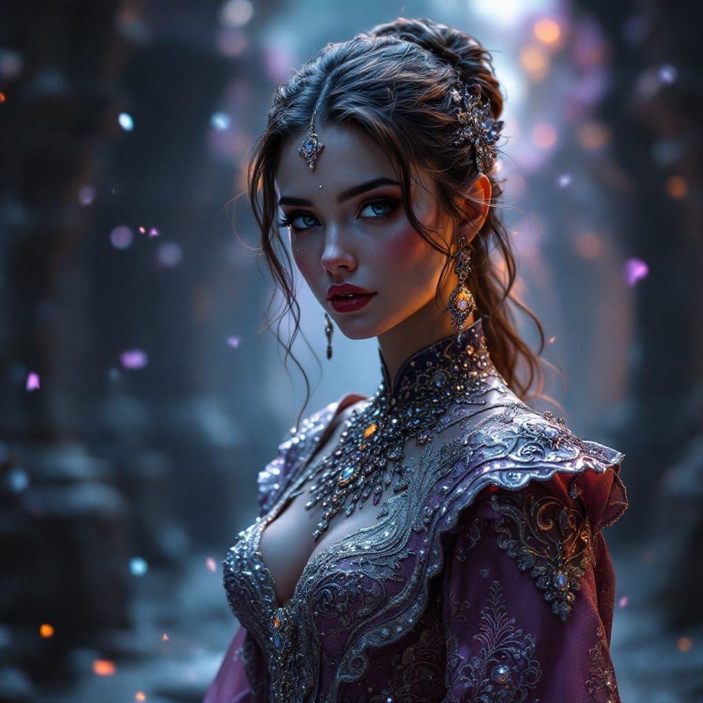 Elegant Fantasy Lady in Luxurious Brocade Gown