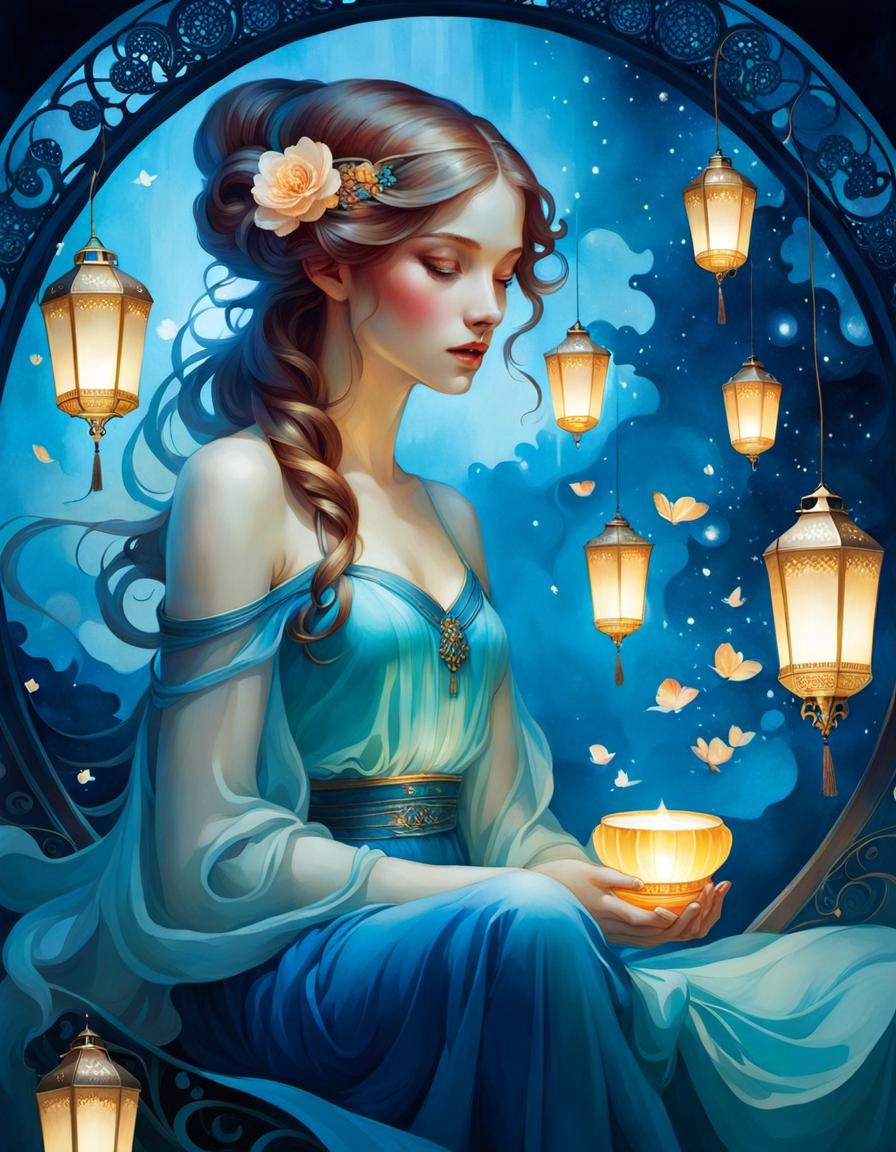 Ninja with Lantern in Art Nouveau Style